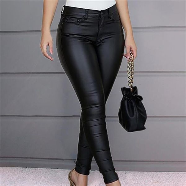 

high waist leather light matt womens leggings thin thick femme fitness pu push up slim pants, Black