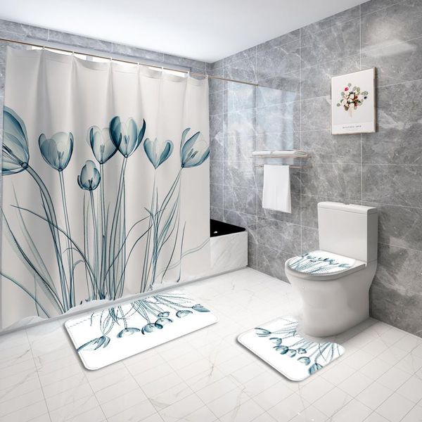 

shower curtains simple curtain bath mat bathroom non-slip carpet set printing flower plant polyester waterproof with 12 hooks