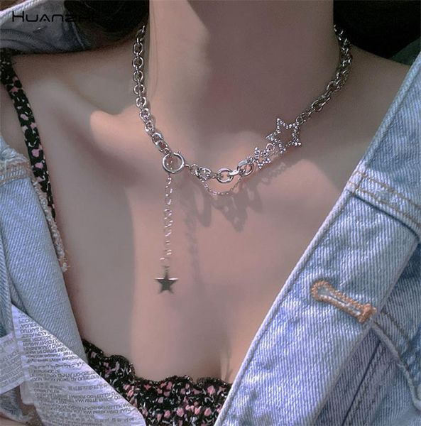 

chokers huanzhi 2021 ins fashion shiny zircon double-layer hollow star metal chain choker necklace for ladies girls summer party jewelry, Golden;silver