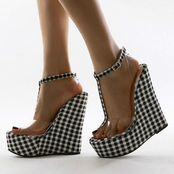 

sandals 2021 fashion gingham thick bottoms wedge femme ankle buckle strap platform high heels pvc transparent women shoes, Black