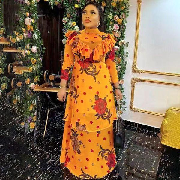 

2021plus size women clothing two piece set african print dashiki boubou long sleeve chiffon gown with sling dress djellaba woman, Red