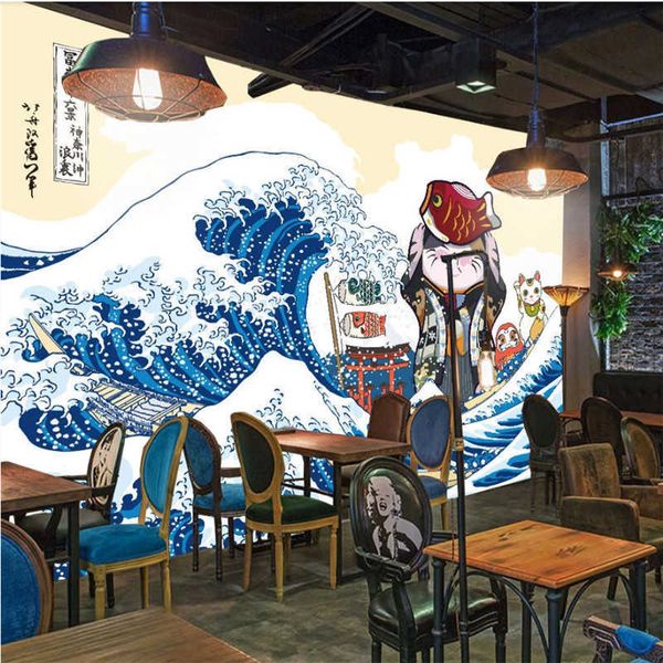 Carta da parati classica in stile Ukiyo-e Carta da parati murale 3D con decorazioni industriali per ristorante giapponese dipinto a mano