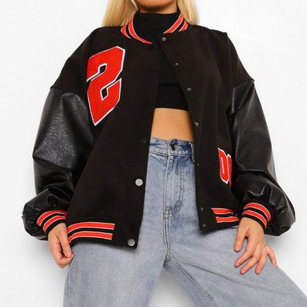 

women's jackets embroidery letter black baseball uniform bomber jacket for women outwear fashion retro clothes streetwear oversized coa, Black;brown