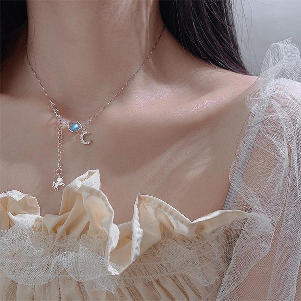 

chains s925 silver moonstone necklace female moon clavicle chain simple personality temperament