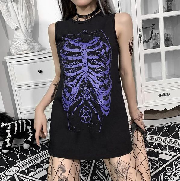 

casual dresses halloween women's summer dress unique ladies skeleton print round-neck sleeveless vest skirt girls black punk gothic, Black;gray