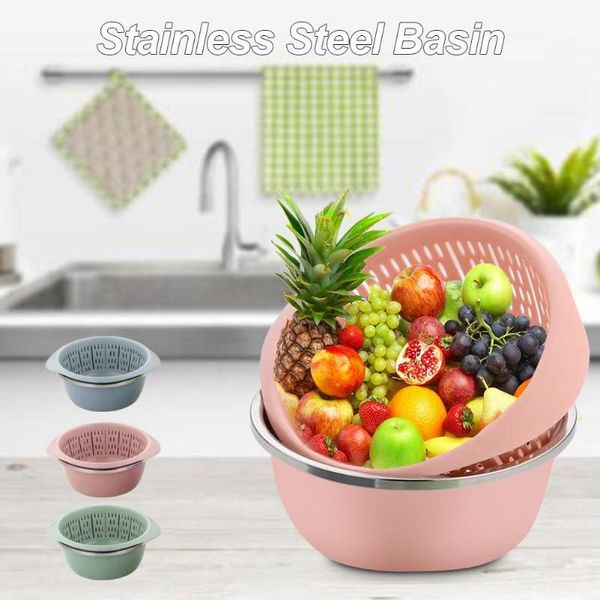 

hanging baskets fruit drain basket vegetable cleaning household kitchen food stainless steel plastic 2-in-1 basin