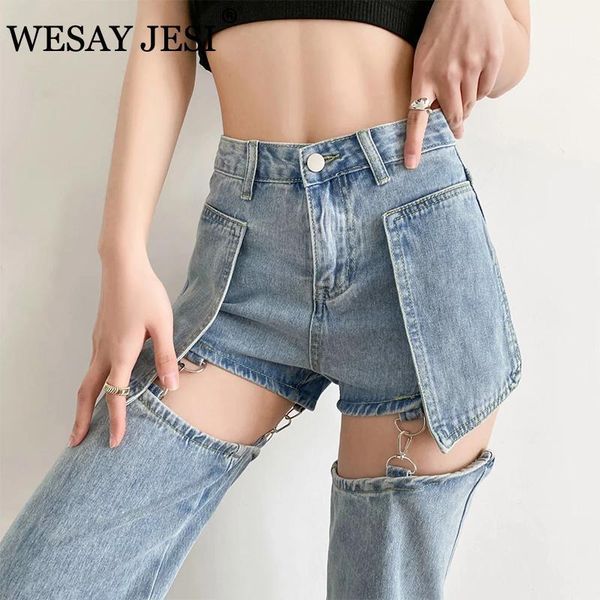 

women's jeans women's fashion summer pants casual woman two ways to wear denim pantalones trousers streetwear detachable trouser l, Blue