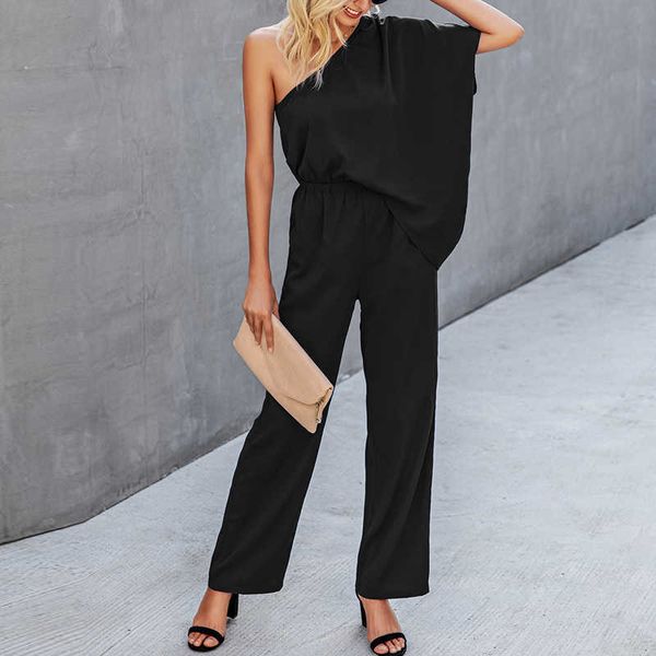 Frauen Elegante Overalls Solide Eine Schulter Backless Lange Hülsenspielanzug Elastische Breite Bein Bodycon Casual Büro Dame Bodys 210709