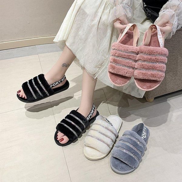 

winter women home slippers with faux fur fashion warm shoes woman slip on flats female slides plus size 40 41 zapatillas mujer, Black