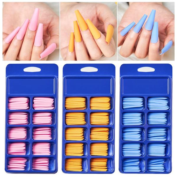 

false nails 100pcs candy colors long ballerina fake natural coffin press on nail art tips abs full cover decor manicure, Red;gold