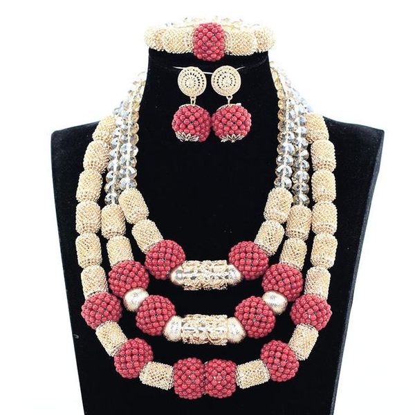 

earrings & necklace amazing red african coral beads jewelry set dubai wedding bridal statement women qw175, Silver