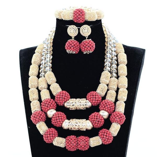 Brincos Colar Amazing Vermelho Africano Coral Beads Conjunto de Jóias Dubai Casamento Declaração Nupcial Mulheres QW175