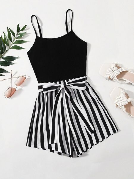 

self belted striped cami romper 54om#, White