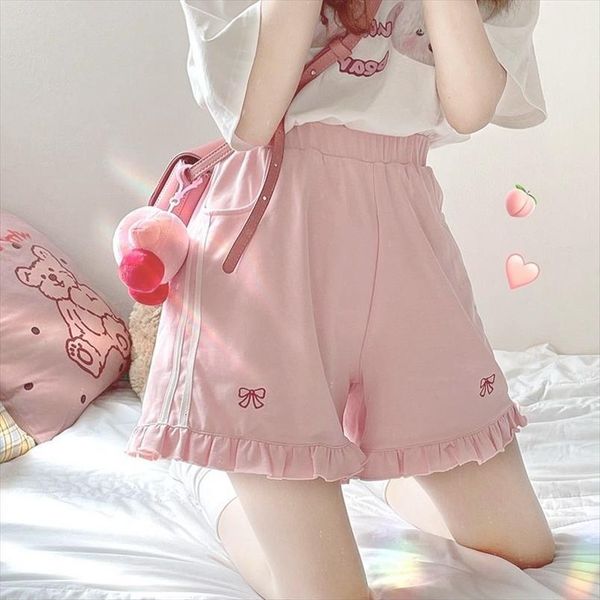 

japanese lolita kawaii fashion womens short casual sweet cute pink trousers bowknot ruffle pretty korean clothing summer, White;black