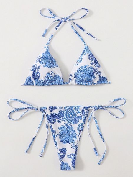 

floral & paisley triangle thong bikini swimsuit 57pl#, White;black