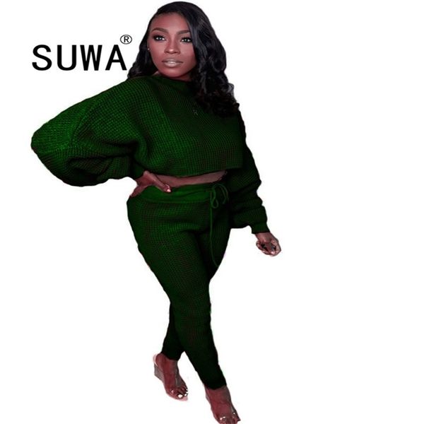 

fall winter tracksuit women sets knitted long sleeve pullover tunic high waist pants trousers 2 pieces outfits 210525, White