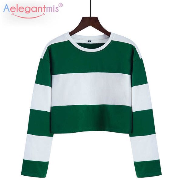 

aelegantmis loose sweatshirts women spring autumn fashion sweet short sweatshirt femmel casual black white stripes 210607