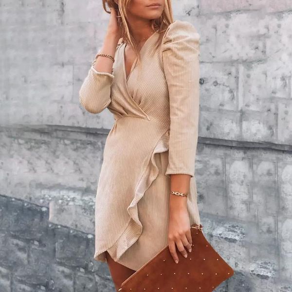 

casual dresses women solid color v neck long sleeve ruffle dress pleated irregular slit mini elegant office lady rib knitted, Black;gray