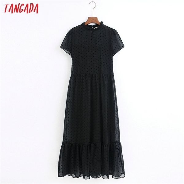 Tangada Moda Mulheres Pontos Preto Vestido Ruffles Collar Manga Curta Senhoras Elegante Midi Vestido Vestidos 6Z38 210623