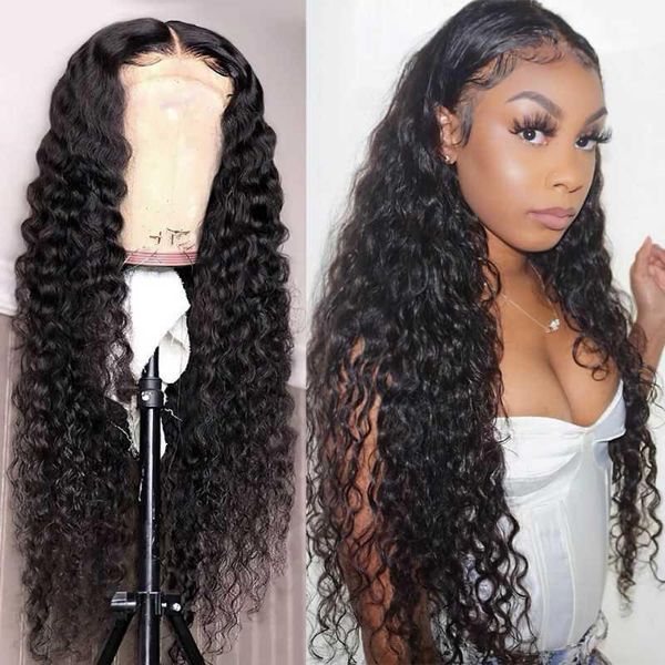 

4x4 lace closure wigs deep wave wig 30 inch brazilian human hair pre pluked 250 density natural for women1, Black;brown