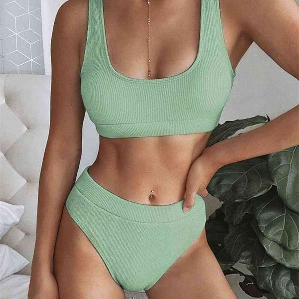 

women's swimwear green ribbed swimsuit high waist bikini women sport two-pieces set bather bathing suit swim wear gevb, White;black