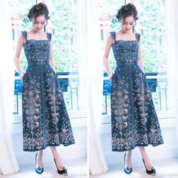 Sommermode Temperament Frauen Langes Kleid sexy Denim Vintage besticktes bedrucktes Trägerkleid 210531