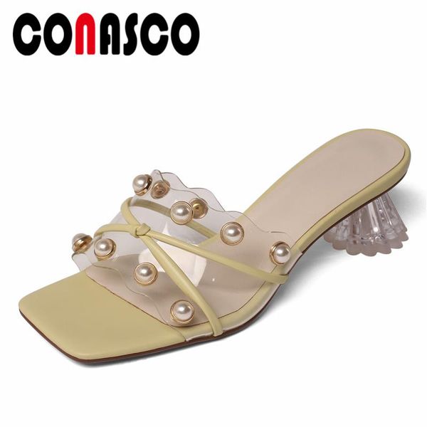 

casual 2021 summer women sandals crystal thick heels slippers pearl fashion concise party pumps arrival shoes woman dress, Black
