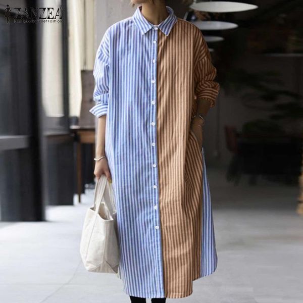 

casual dresses fashion shirt dress zanzea women autumn striped patchwork sundress loose lapel neck long sleeve vestidos kaftan plus size 5xl, Black;gray