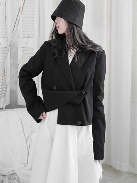 Fatos femininos blazers senhoras moda vestido de estilo ocidental primavera e outono lapela negra dupla peito irregular assimétrica terno casual