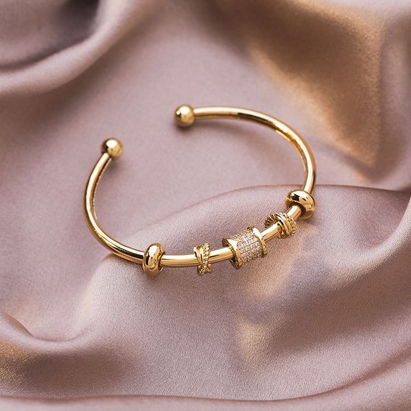 

french elegant shiny cz stone brass gold bangles for women ladies geometric cross adjustable open charm bracelet party jewelry, Black