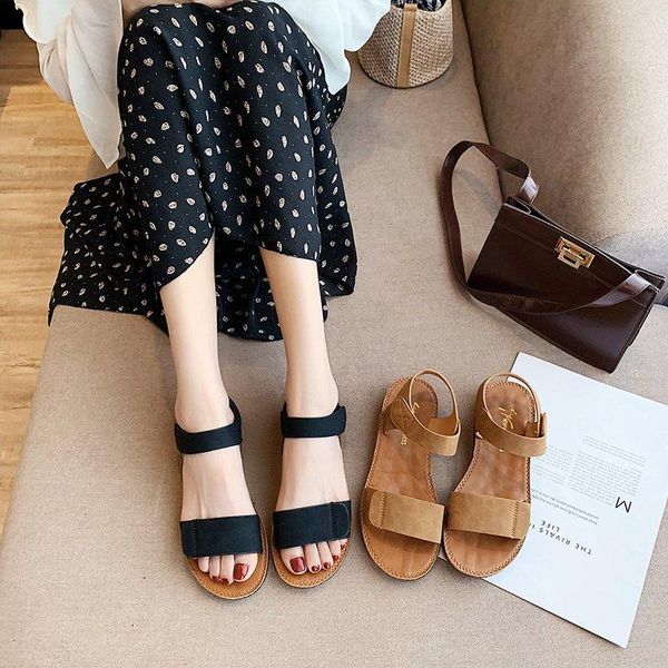

summer flat bottom casual heel open toe button women's cool shoes sandals, Black
