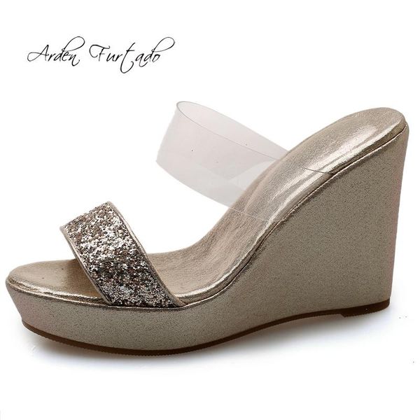 

slippers arden furtado summer 2021 fashion women's shoes waterproof wedges platform pvc sequined cloth slides, Black
