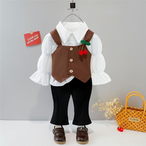 

clothing sets hylkidhuose 2021 autumn baby girls kids cherry vest shirt pants children fashion vacation clothes infant outfit, White