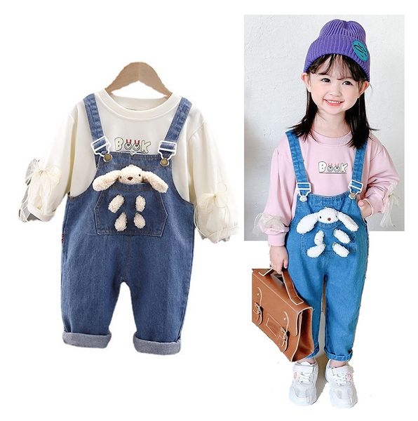 

autumn baby girl cotton clothing sets 1-4t kids cartoon designer denim overalls sweater+suspenders jeans=2pcs/set, White