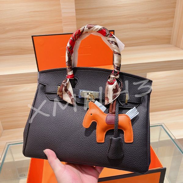 

designer handbag fashion lychee pattern leather bag with silk scarf handbags large capacity tote and cartoon doll