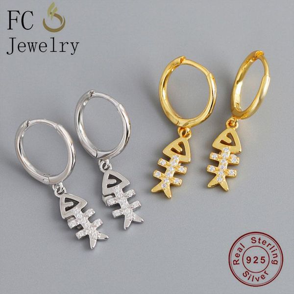 

jewelry 100% 925 silver gold color animal fish bone symbol zircon pendant piercing hoop earring pendientes boucle 2021 & huggie, Golden;silver