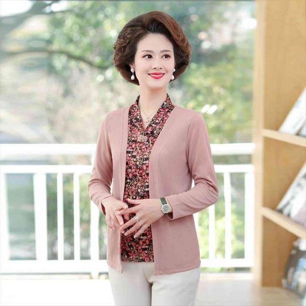 

and spring women shirts long sleeve fake two pieces large size middle age old female print elegant, White