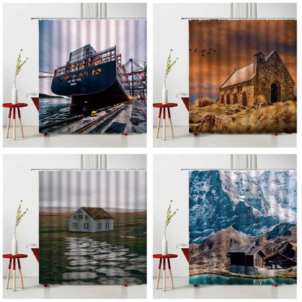 

shower curtains landscape curtain set,wooden house snow mountain,blackout in the bedroom bathroom household items