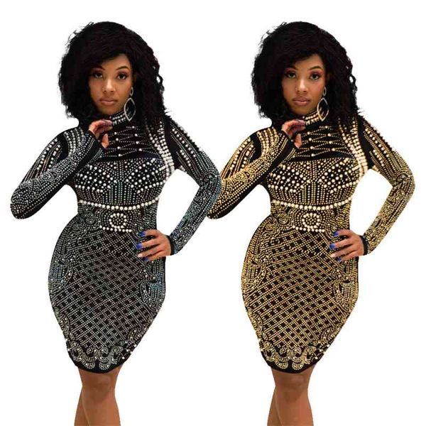 

xqy9205 autumn winter new fashion drill high round neck bubble bead long sleeve waist closing dress, Black;gray
