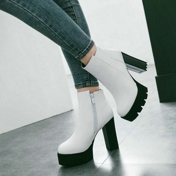 

boots ladies thick high heel comfort platform ankle fashion zipper women round toe fall winter shoes black white red