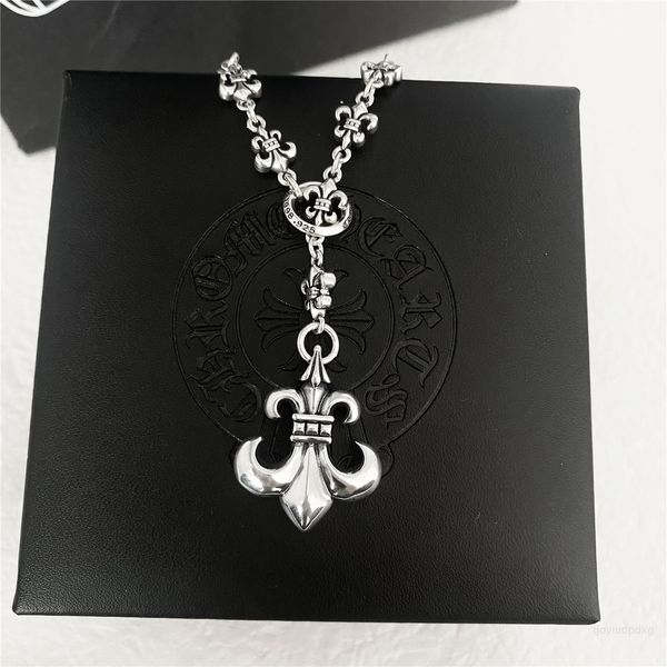 

luxury designer chrome/hearts ch croix necklace thai silver cross boat anchor children military flower pendant punk trend sweater chain love, Red;brown