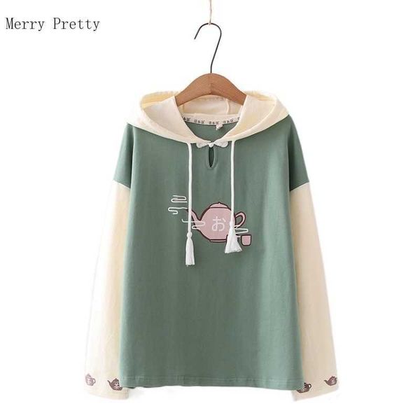 

women cotton hooded sweatshirt harajuku cartoon print patchwork casual pullover hoodies summer sweet style female basic 210526, Black
