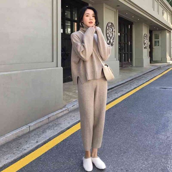 

women's two piece pants spring fall knitted sweater, turtleneck, sweatshirts, two-piece clothes, or crocheted,, White