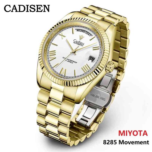 

cadisen gold watch men automatic mechanical brand luxury watch business waterproof miyota 8285 movement mens wristwatch 210804, Slivery;brown