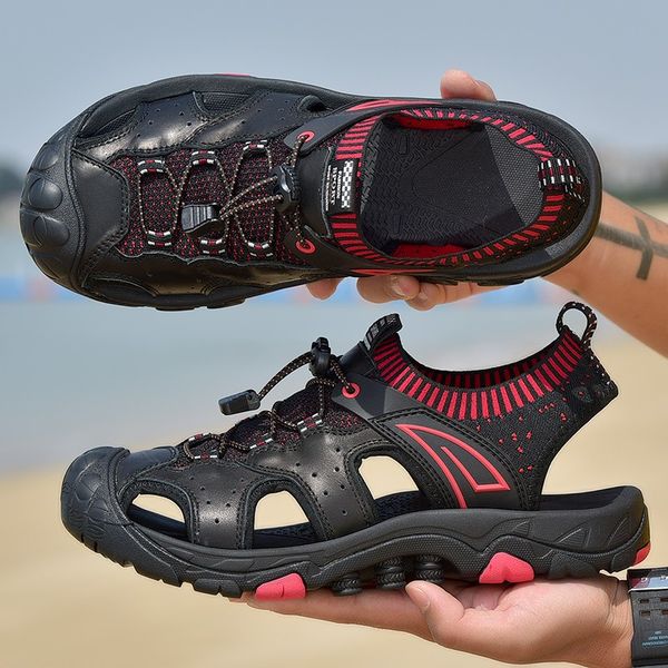 

men sandals summer new genuine leather outdoor fashion men sandals for casual slippers water walking beach sandalias man size 46, Black