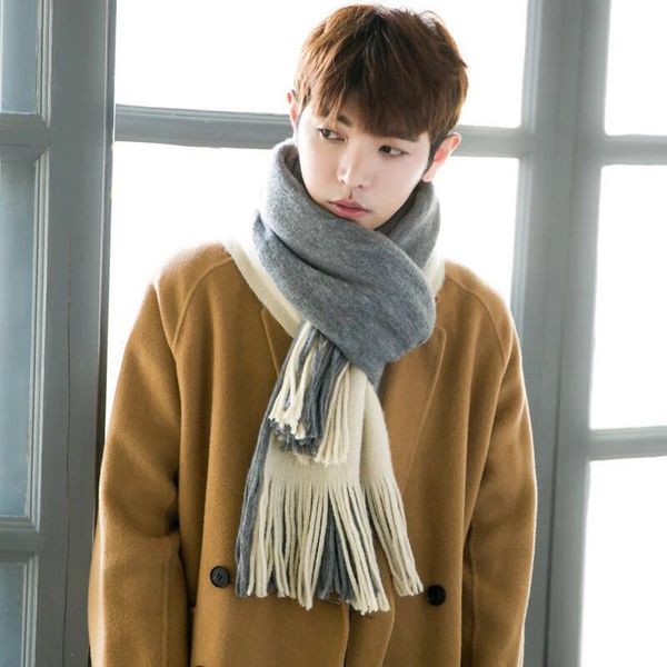

spring summer fashion trend with simple men's knitted student long scarf, Blue;gray
