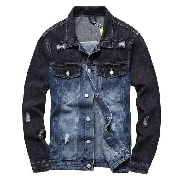 

denim men's jacket with holes shirt denim coat, Black