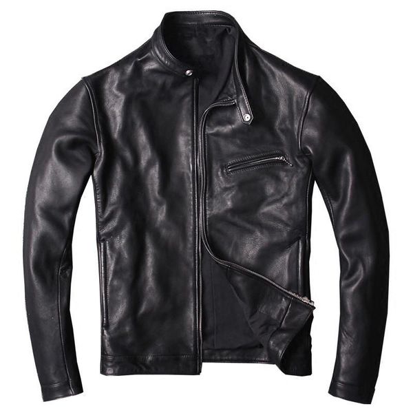 

men's leather & faux 2021 black men slim fit genuine biker's jacket plus size 3xl thin sheepskin spring motorcycle coat