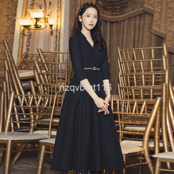 

casual dresses lin yuner's same 21 autumn women's dress with v-neck 7-point sleeve black jacquard long belt, Black;gray