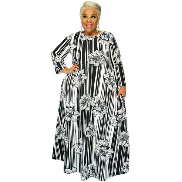 

plus size dresses autumn floral striped print o-neck long sleeve xl-5xl women maxi dress vestidos vintage slim robe femme, Black